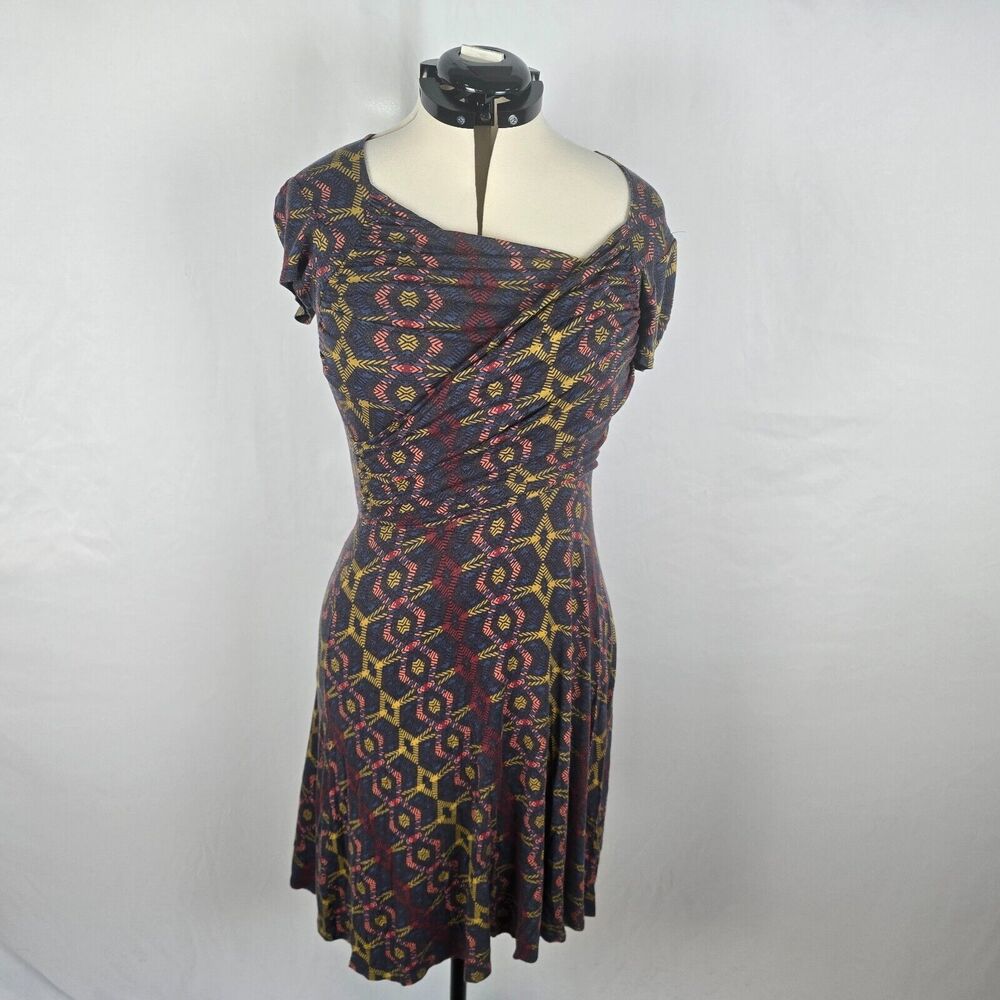 Leota Dress Women's M Multi-Color Geometric Wrap Knee Cap Sleeve Handmade NY